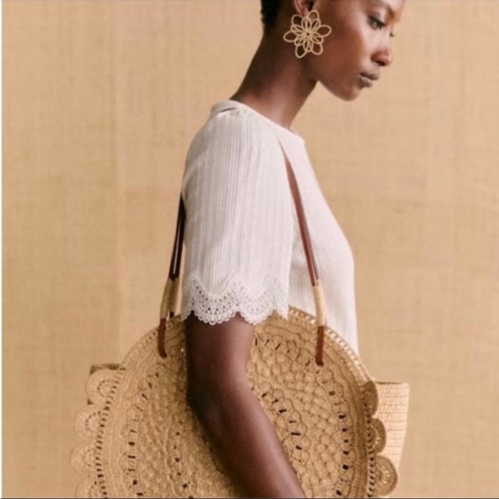 Sezane Cream Ribbed Lace Sleeve Top